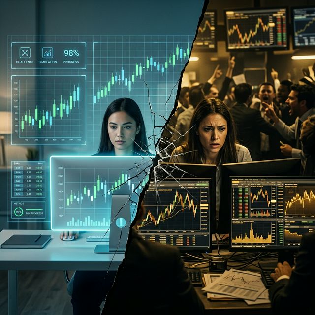 Abstract visual dividing a clean simulation grid and chaotic financial reality