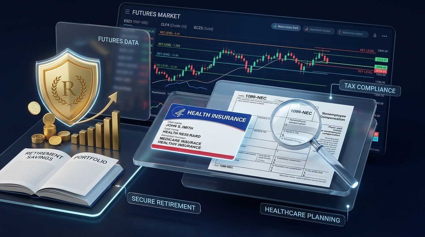 Digital trading desk displaying futures charts alongside a 1099-NEC tax document, Medicare card, and retirement protection shield.